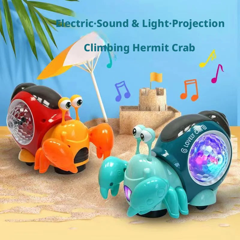 An electric sound and light projection climbing hermit crab toy with various colored crabs and musical notes.
