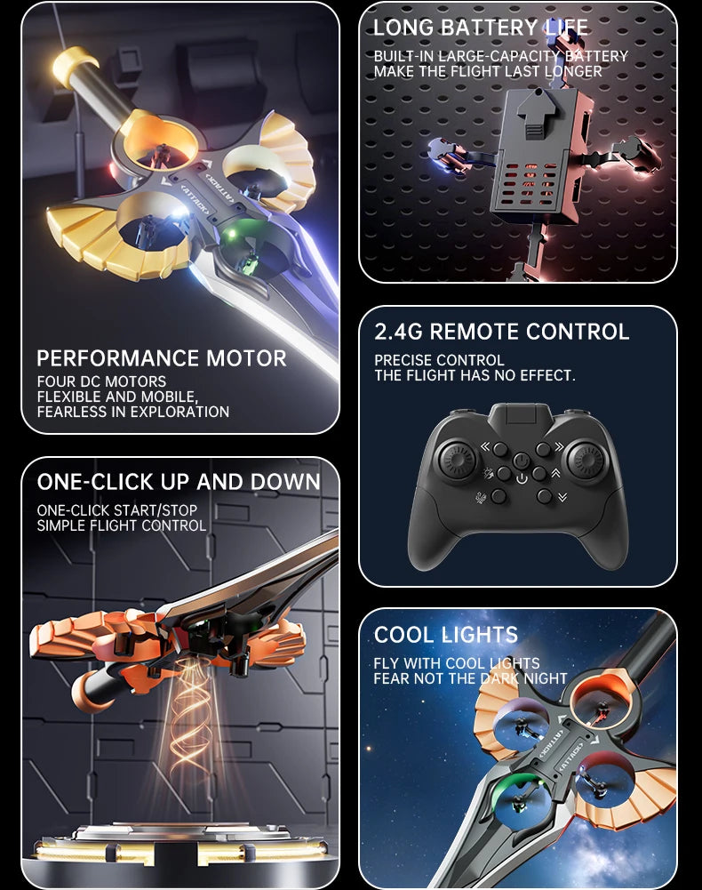An RC flying sword with performance motor, remote control, and cool lights shown in various features.