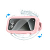 A pink waterproof shower phone holder with a black touch screen displaying 9:41, shown being splashed by water.