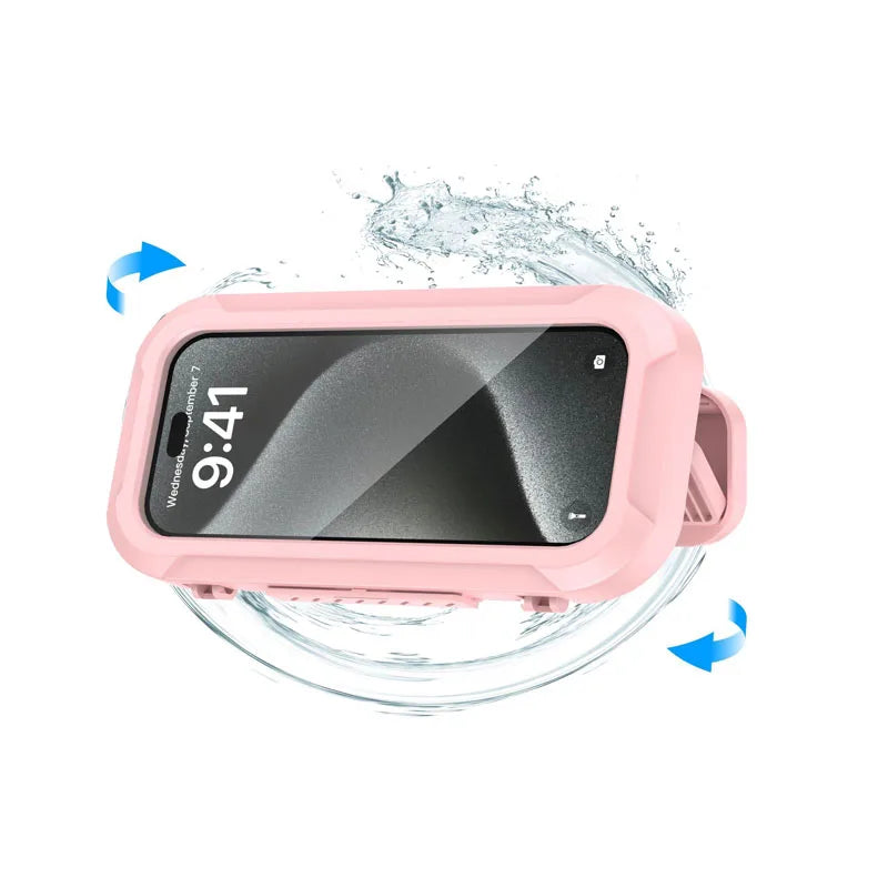 A pink waterproof shower phone holder with a black touch screen displaying 9:41, shown being splashed by water.