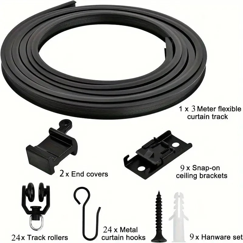 A set of black flexible curtain track system components including a track, end covers, brackets, hooks, rollers, and hardware