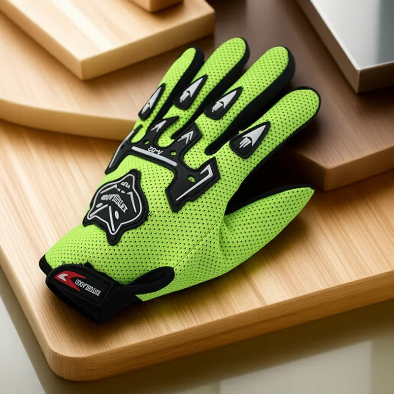 A pair of bright lime green nylon riding gloves with black anti-slip grips resting on a wooden surface.