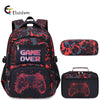 A red and black gaming themed backpack set including a lunch bag and pencil case