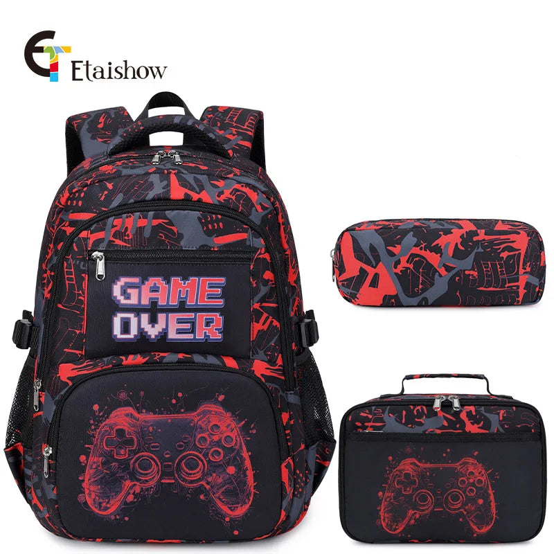 A red and black gaming themed backpack set including a lunch bag and pencil case