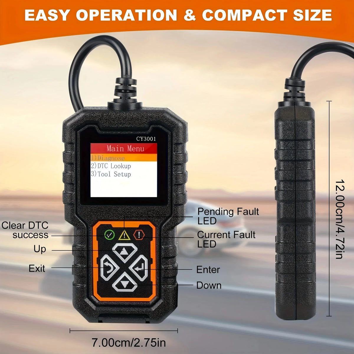 A black OBD2 diagnostic scanner tool with a display showing a main menu and various fault indicator LEDs.