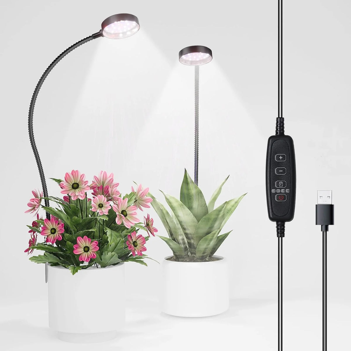 A full-spectrum USB LED grow light with a flexible gooseneck illuminating a potted plant.