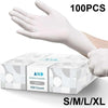 A box of 100 pairs of disposable white nitrile gloves is shown next to a hand wearing one glove.