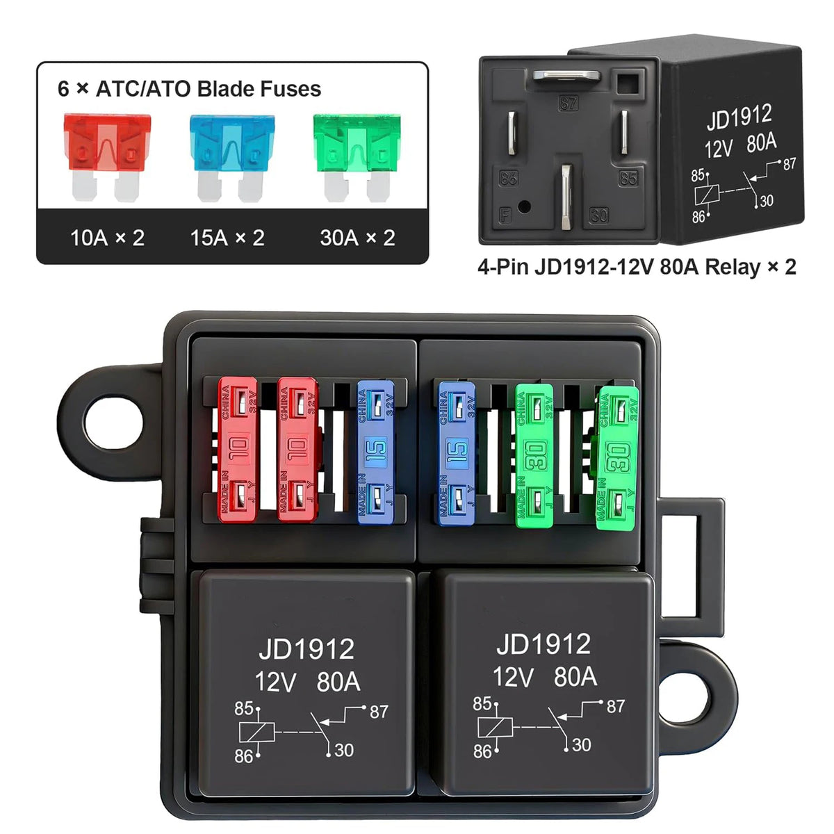 A black waterproof relay and fuse box featuring multiple JD1912 relays and ATC/ATO blade fuses.