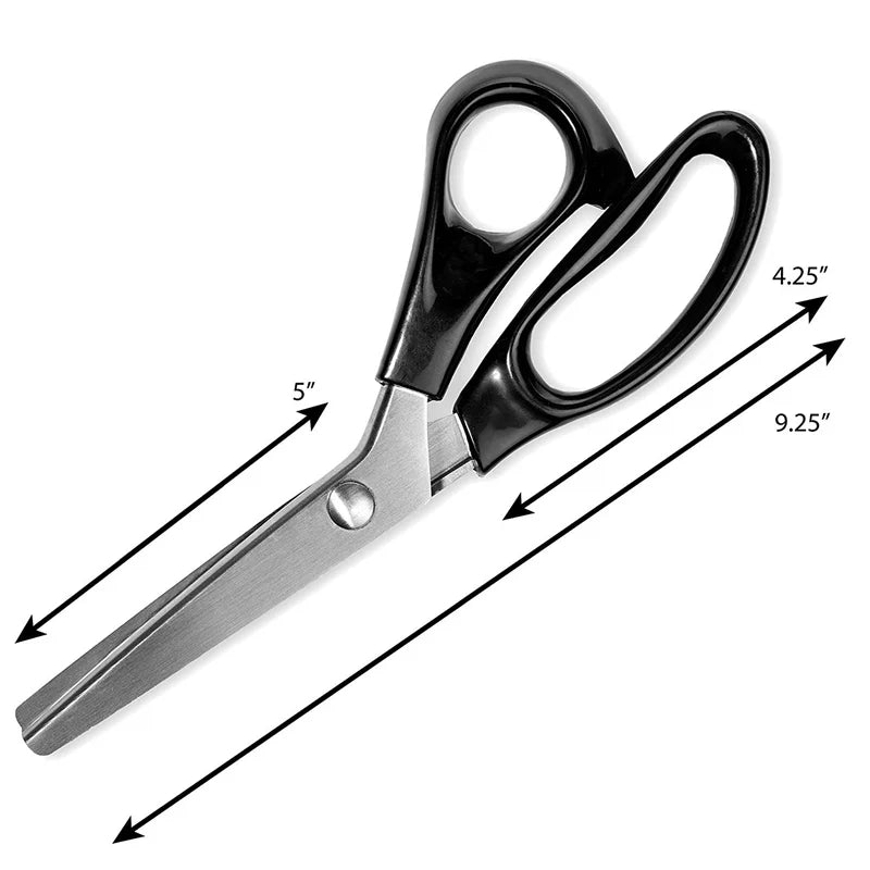 A pair of black professional pinking shears with measurements indicating 4.25 inches and 9.25 inches.