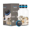 A clear glass jar digital coin counting money jar with a black lid and an LCD display showing the amount.