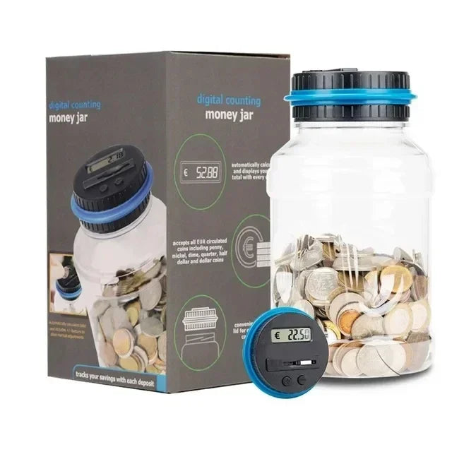 A clear glass jar digital coin counting money jar with a black lid and an LCD display showing the amount.