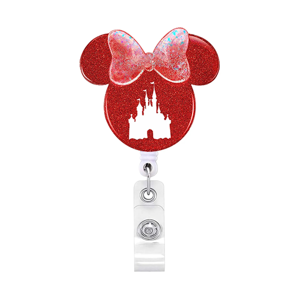 A red Mickey Mouse-themed badge reel with a sparkly bow and castle design.