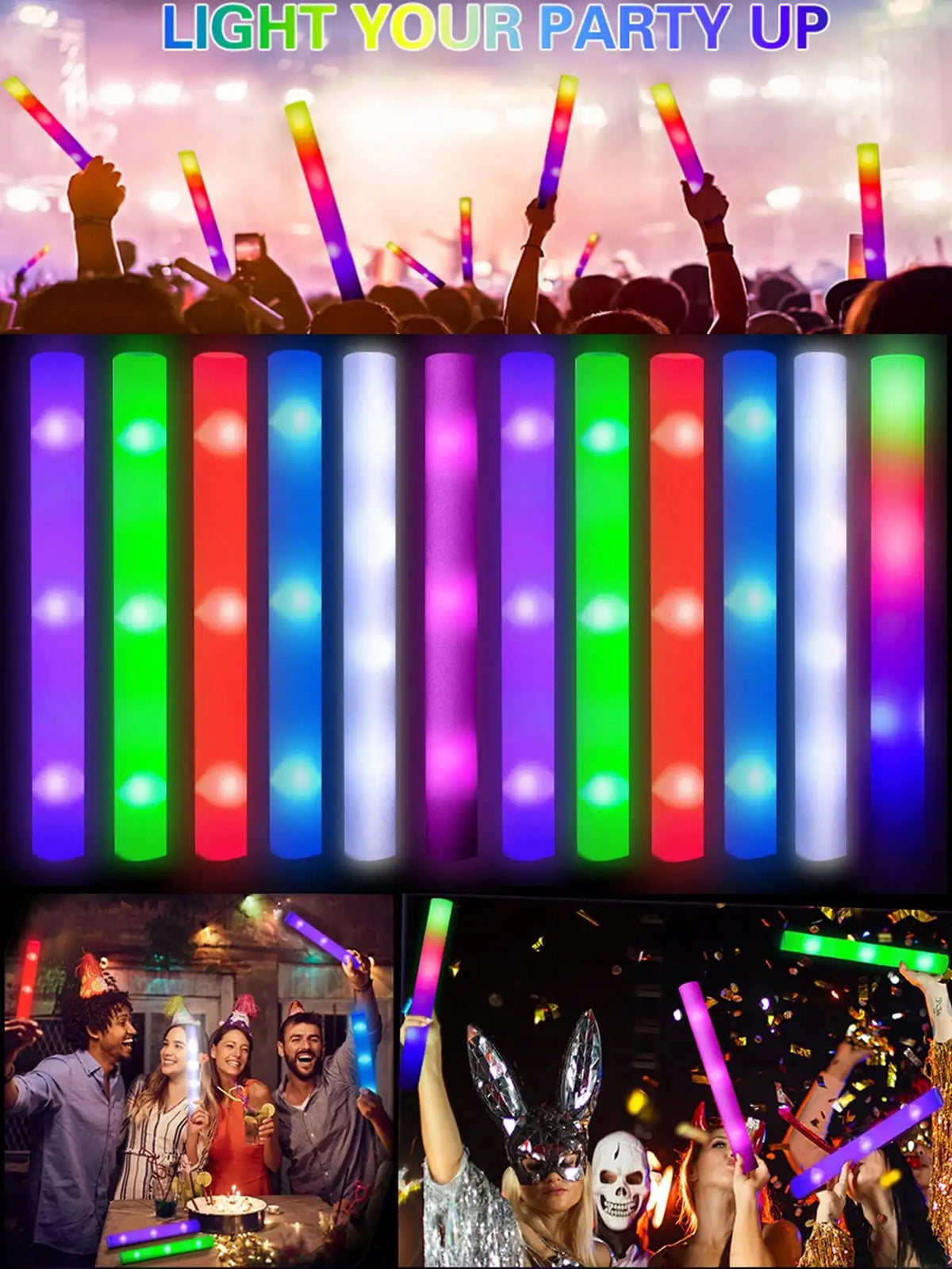 LED Foam Glow Sticks with 3 Light Modes