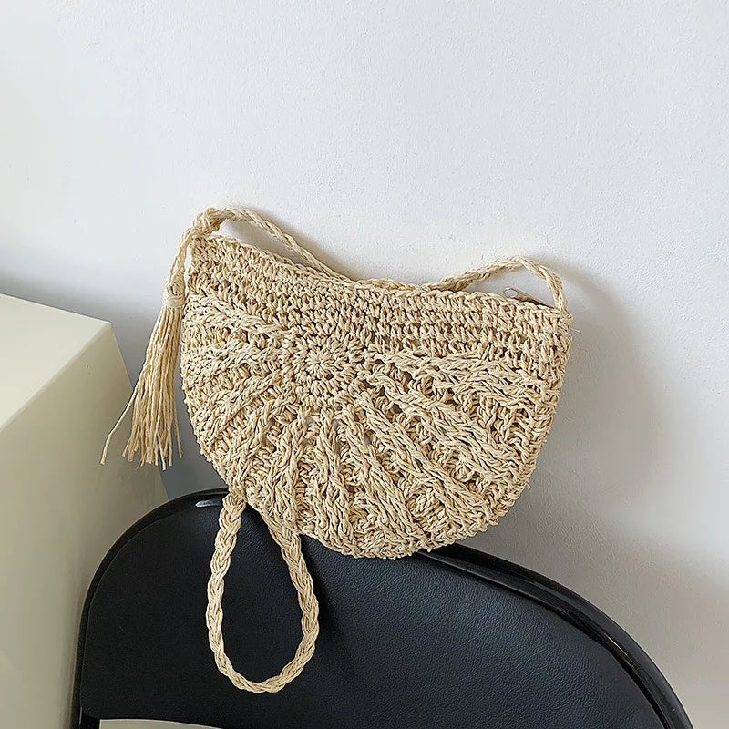 Handwoven Straw Semicircle Crossbody Bag with Tassel