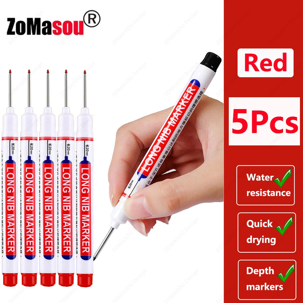 A red long-head marker pen is shown next to five identical markers, highlighting its water resistance and quick drying featur