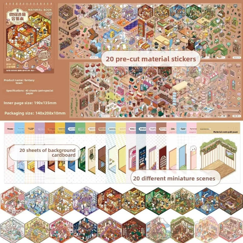 A collection of 20 pre-cut material stickers and 20 sheets of background cardboard for crafting and journaling.