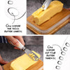A metal butter dish with a lid and stainless steel knife is shown scraping butter shreds and threads.