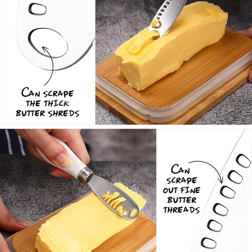 A metal butter dish with a lid and stainless steel knife is shown scraping butter shreds and threads.