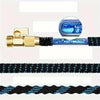 A brass telescopic garden hose with a blue patterned tip and black braided hose, shown next to its disassembled components.
