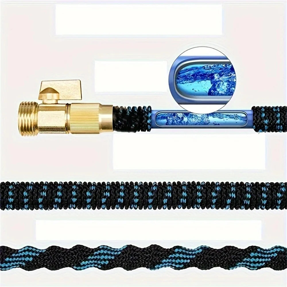 A brass telescopic garden hose with a blue patterned tip and black braided hose, shown next to its disassembled components.