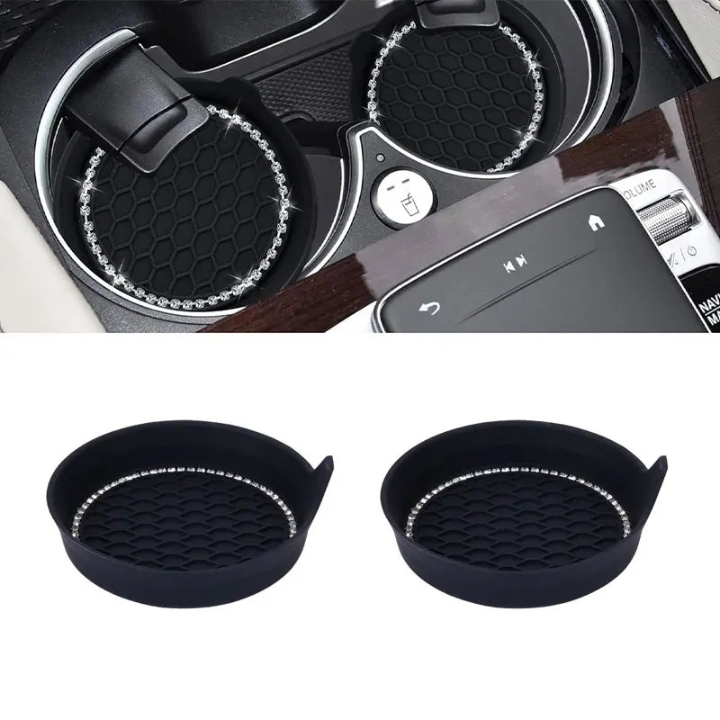 Black silicone car cup holder coasters with rhinestone detailing shown in various angles