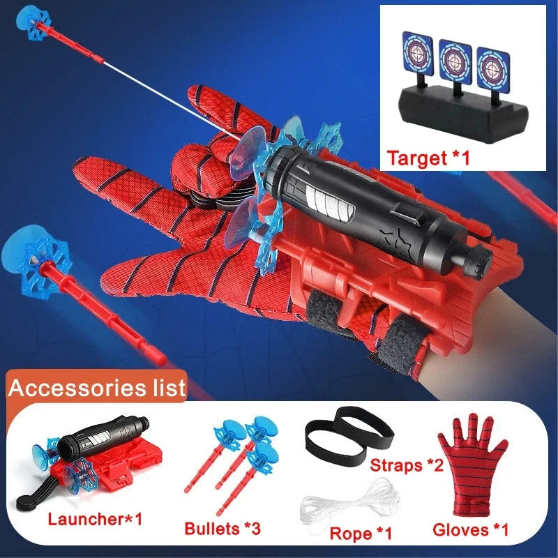Rotes und schwarzes Superhelden-Spinnennetz-Schussgerät mit Zubehör wie Kugeln, Seil und Handschuhen.