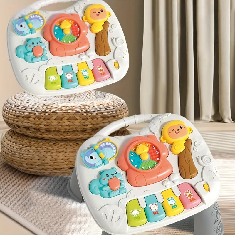 A white interactive baby learning table featuring animal sounds and piano keys, resting on a woven basket.