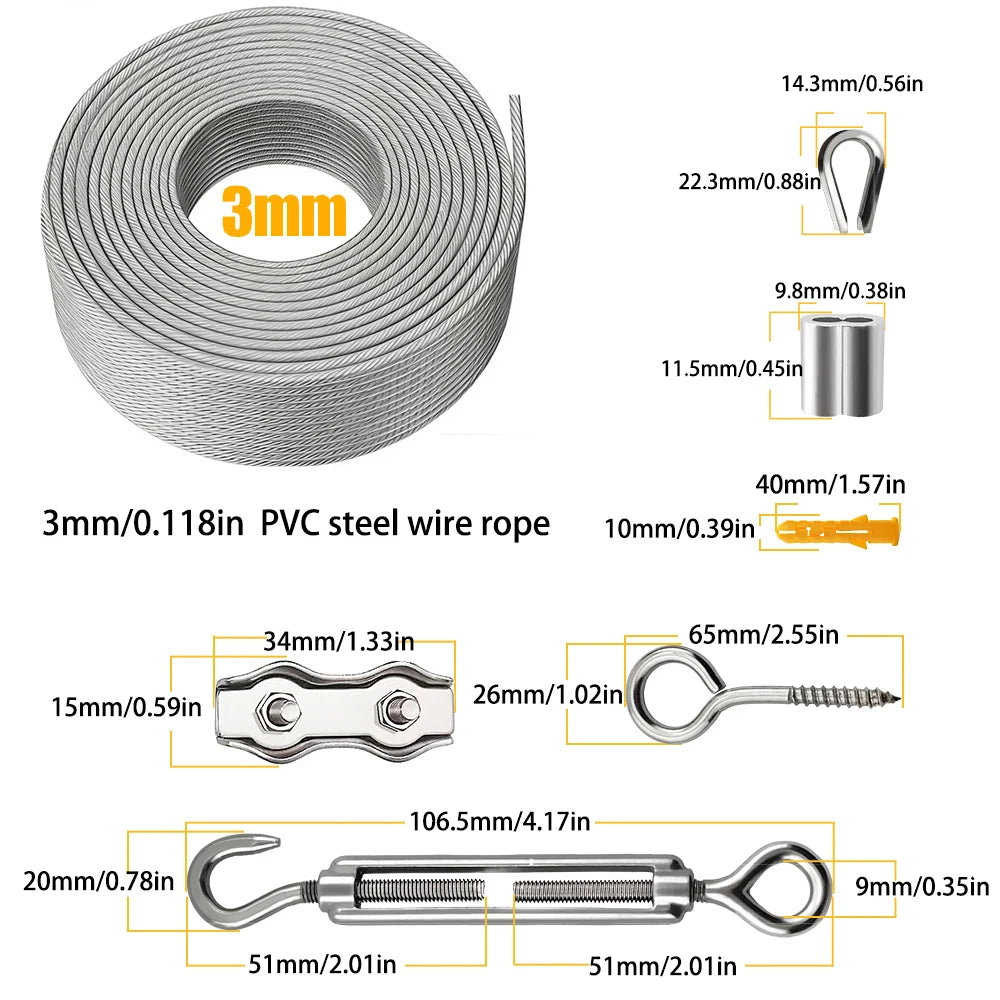 A collection of 3mm PVC steel wire rope, including various sizes and configurations with sleeves and buckles.