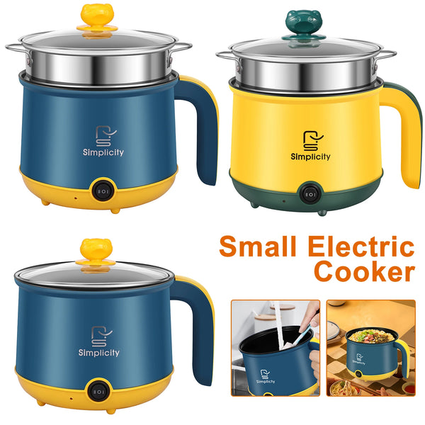 Un juego de pequeñas ollas eléctricas en azul y amarillo, mostrando diversas aplicaciones de cocina.