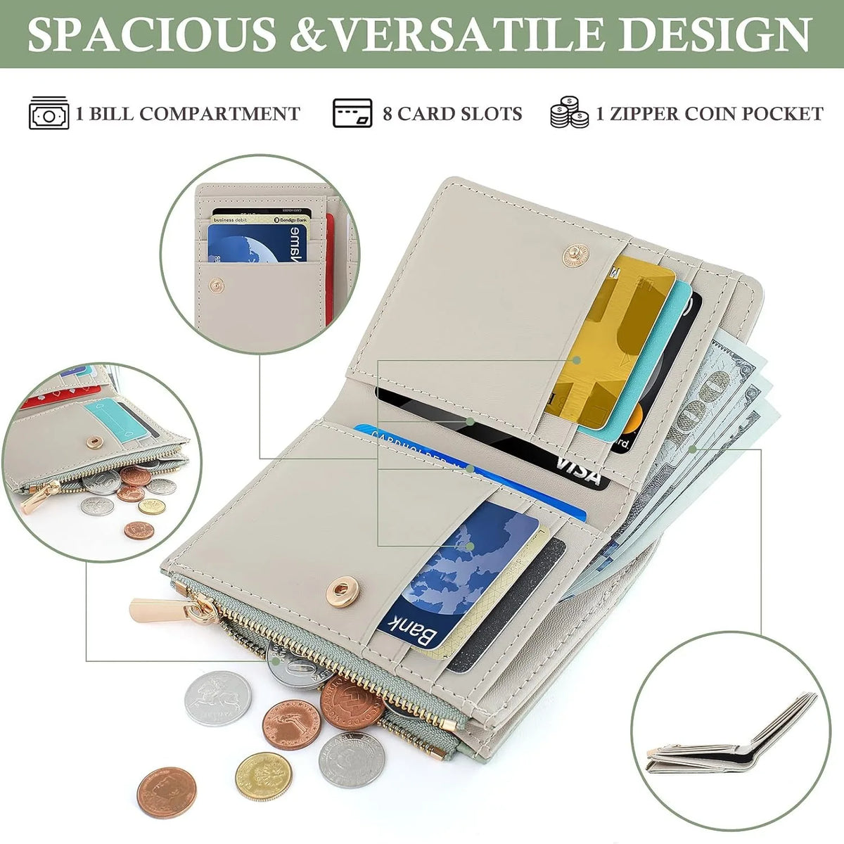 A beige slim bi-fold wallet showing various compartments including a bill, card slots, and coin pocket.