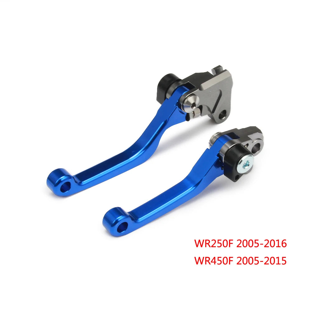 A pair of blue CNC aluminum brake and clutch lever sets for Yamaha dirt bikes, labeled WR250F and WR450F models.