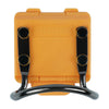 An orange durable hammer holder for tool belts with black grips and a curved handle.