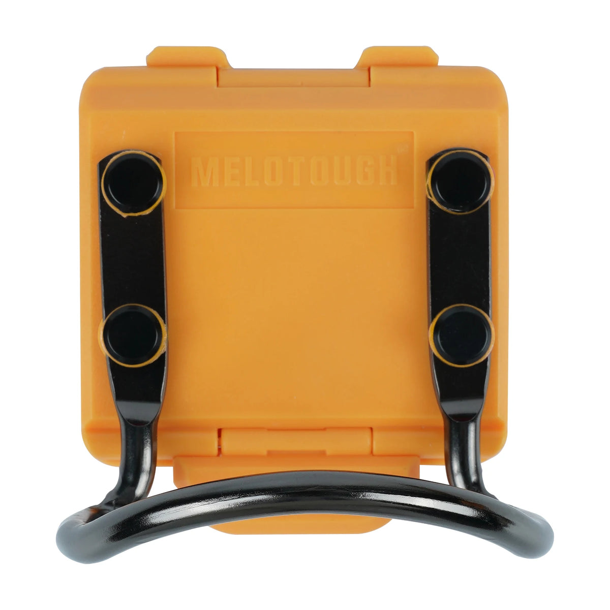 An orange durable hammer holder for tool belts with black grips and a curved handle.