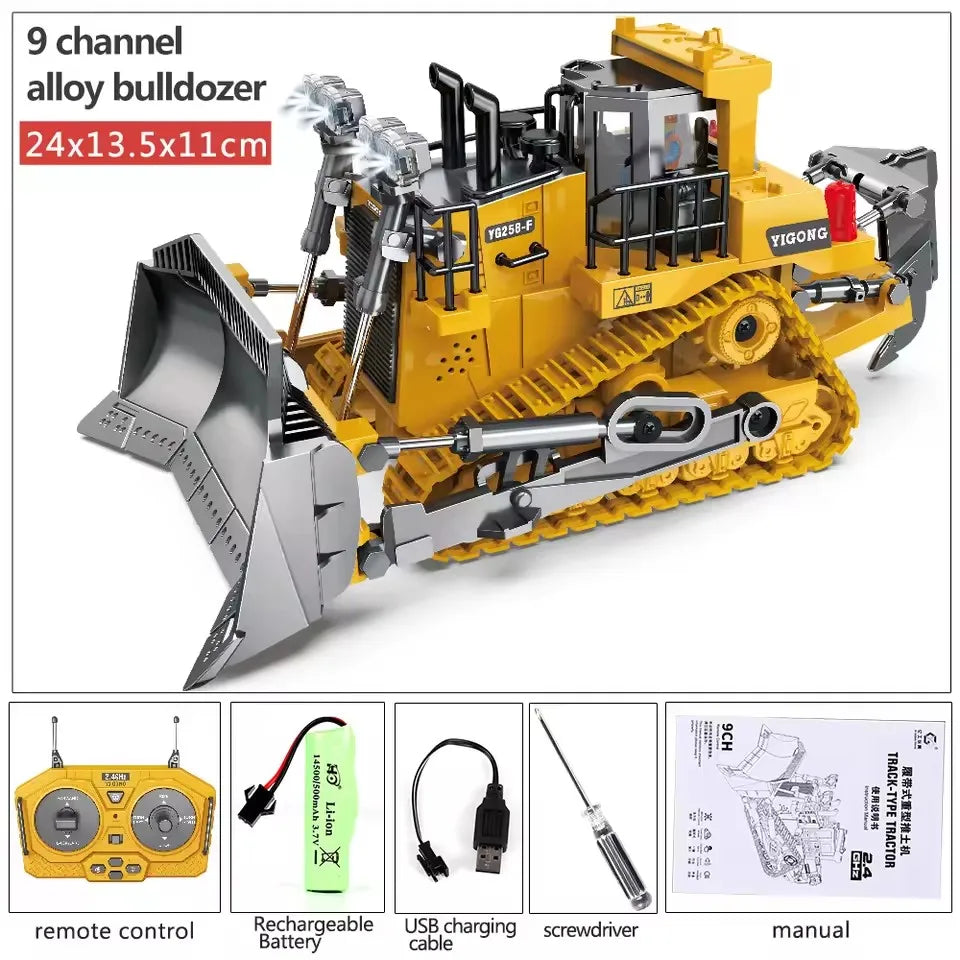 Yellow YIGONG 9 channel alloy bulldozer toy set with a front blade and excavator attachment