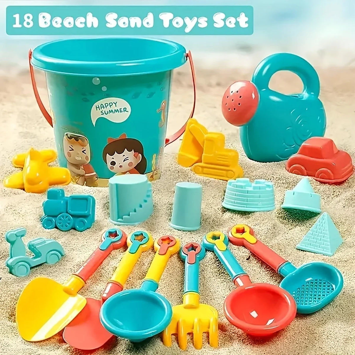 A collection of 18 beach and sand toys including a bucket, shovel, scoop, and various plastic items on sand.