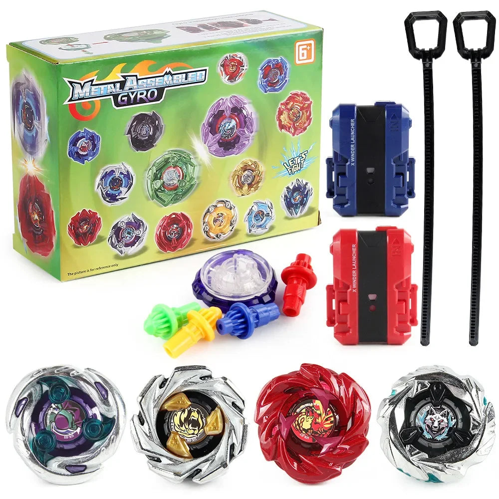 Metal Gyro spinning top battle set with launchers showing various colored tops and launch mechanisms