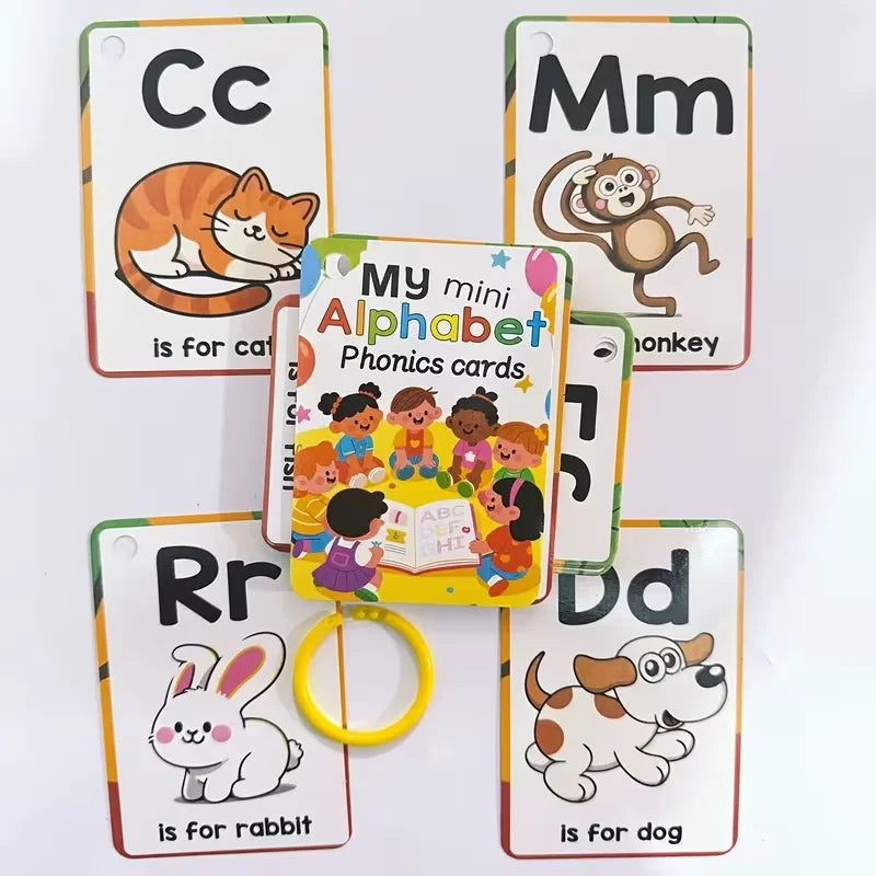 A set of alphabet phonics flash cards featuring letters Cc, Mm, Rr, and Dd with corresponding animal pictures.