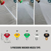 Five pressure washer nozzle tips in various colors and angles shown for cleaning tasks