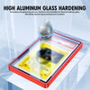 A clear protective display case for a trading card, showing the glass hardening process.