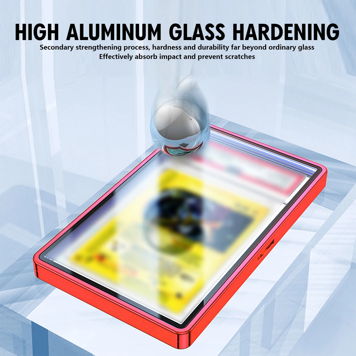 A clear protective display case for a trading card, showing the glass hardening process.