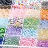 A display of mixed colored 8mm acrylic beads in various styles and shades for jewelry making.
