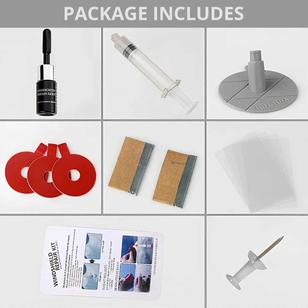 Package includes a windshield repair kit with resin, tools, and adhesive film.