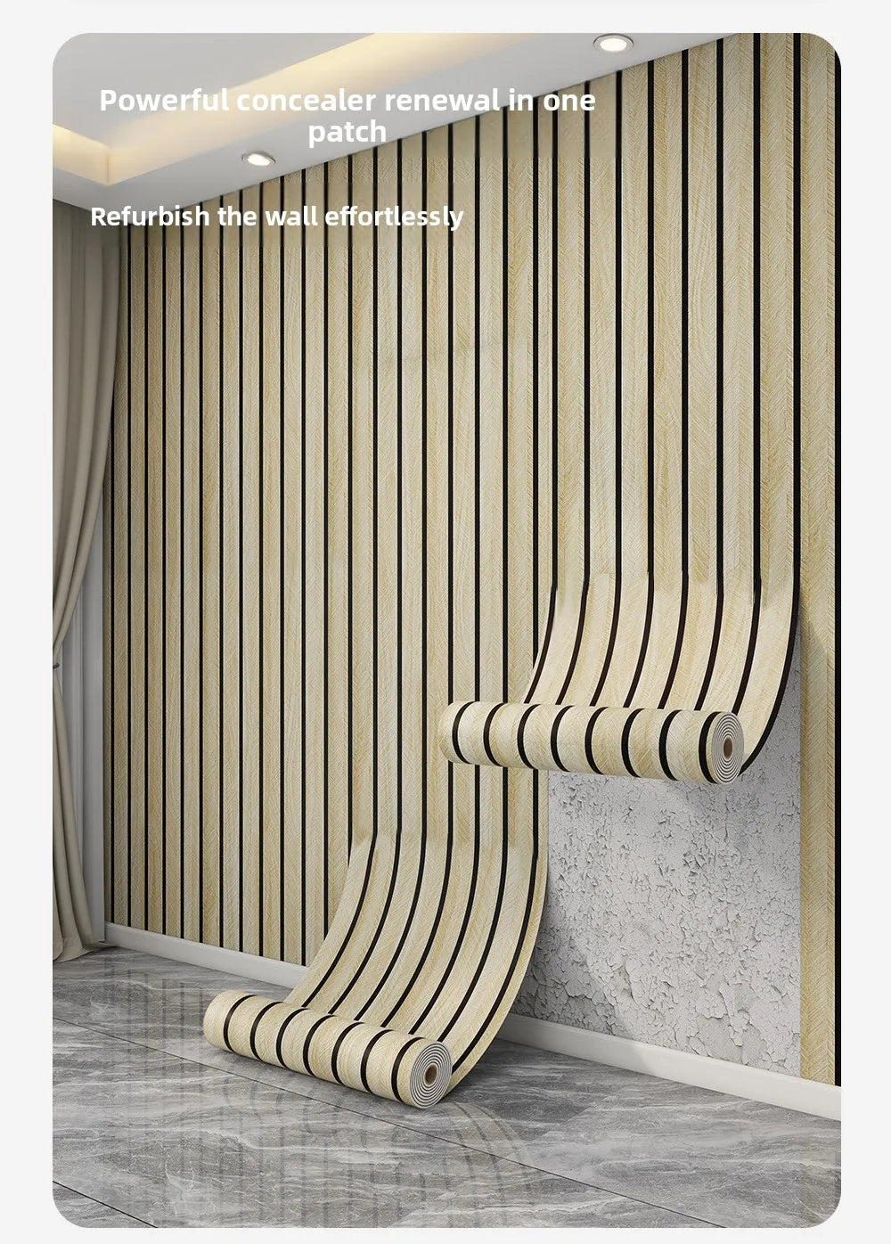 Self-adhesive wood grain wallpaper installed on a wall, showing a panel being removed for refurbishment.