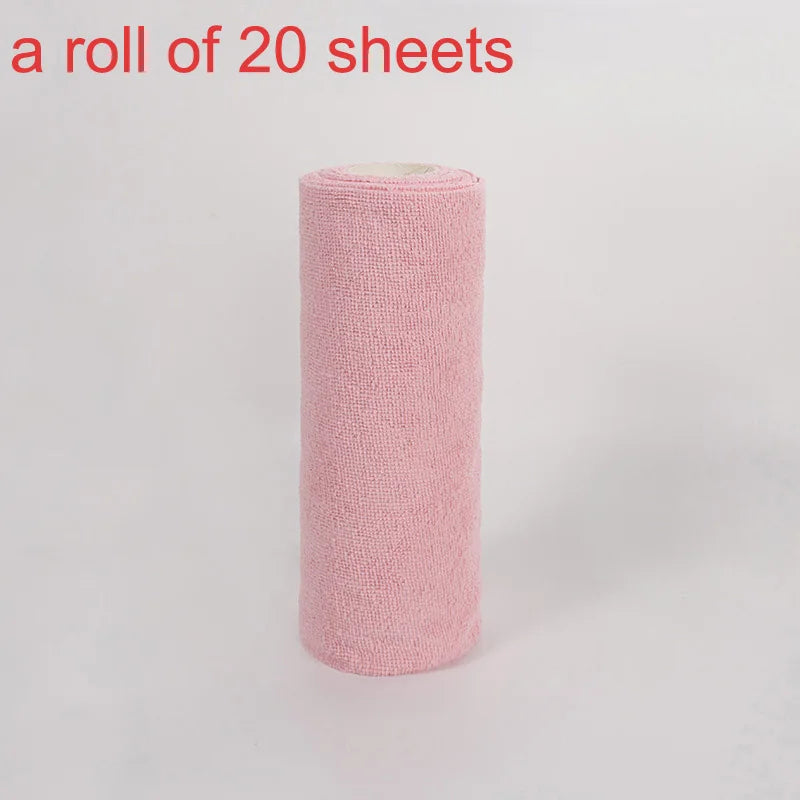 A roll of pink reusable microfiber cleaning towels, 20 sheets long.