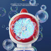 A red and white astronaut bubble blaster toy with a clear nozzle is shown against a dark blue background.
