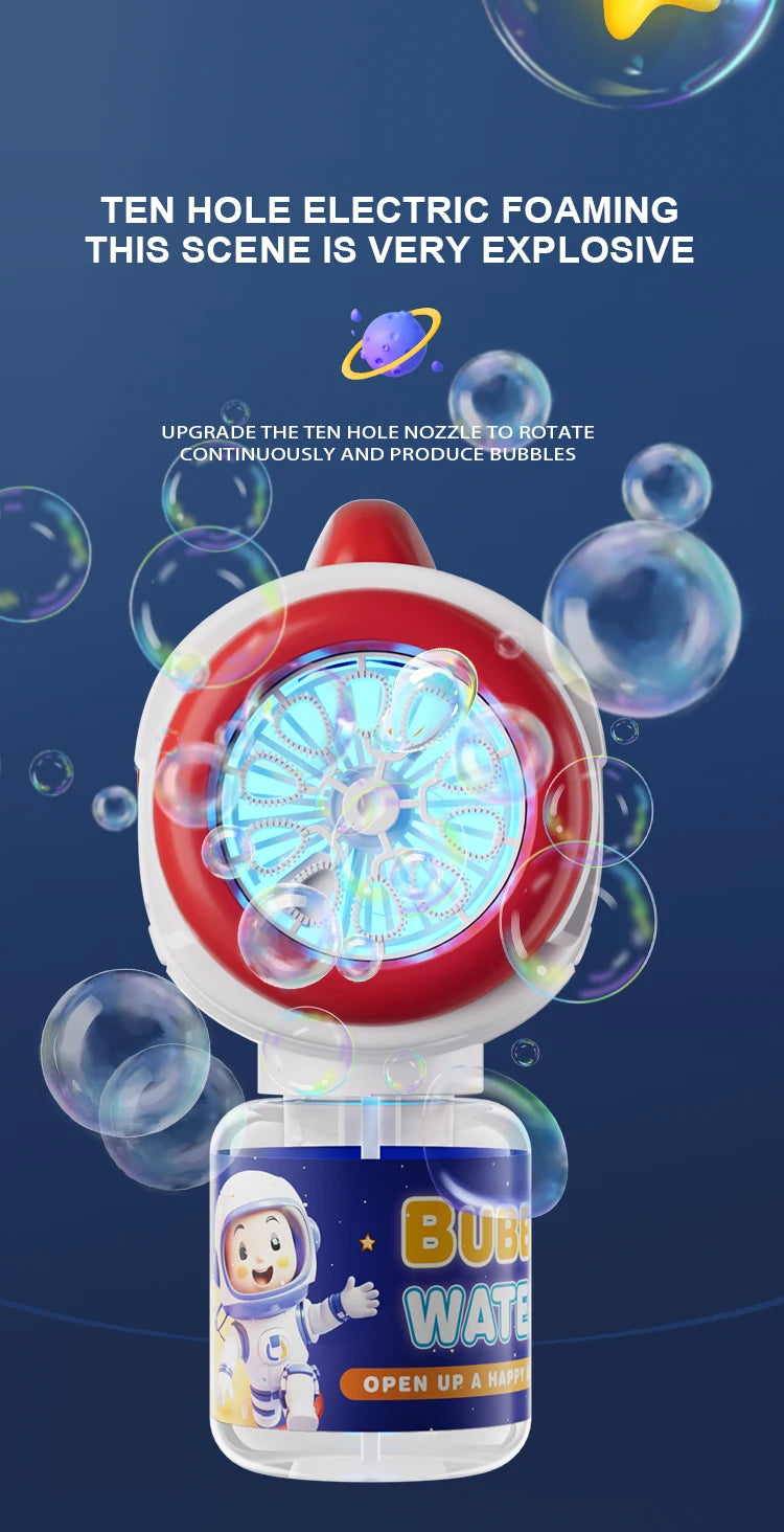A red and white astronaut bubble blaster toy with a clear nozzle is shown against a dark blue background.
