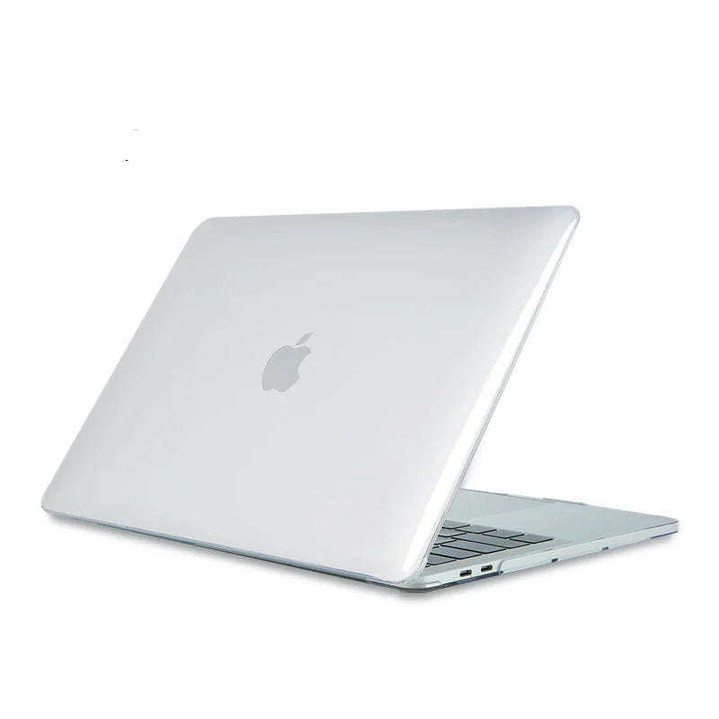 A white Apple MacBook Air laptop with an Ultra-Clear hard shell case.