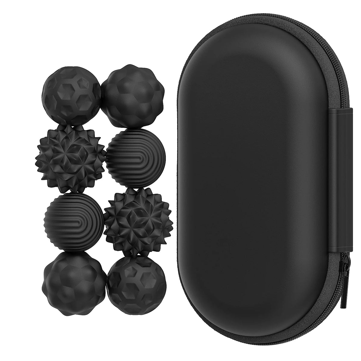 A black silicone magnetic fidget ball set with a protective pouch.