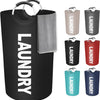 A set of collapsible large waterproof laundry baskets in various colors including black, gray, and red.