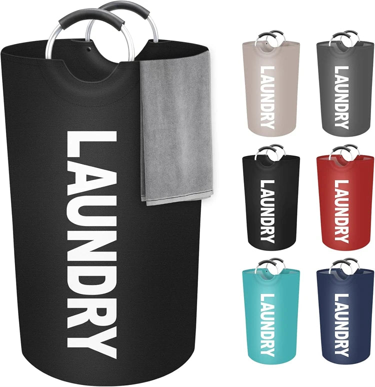 A set of collapsible large waterproof laundry baskets in various colors including black, gray, and red.